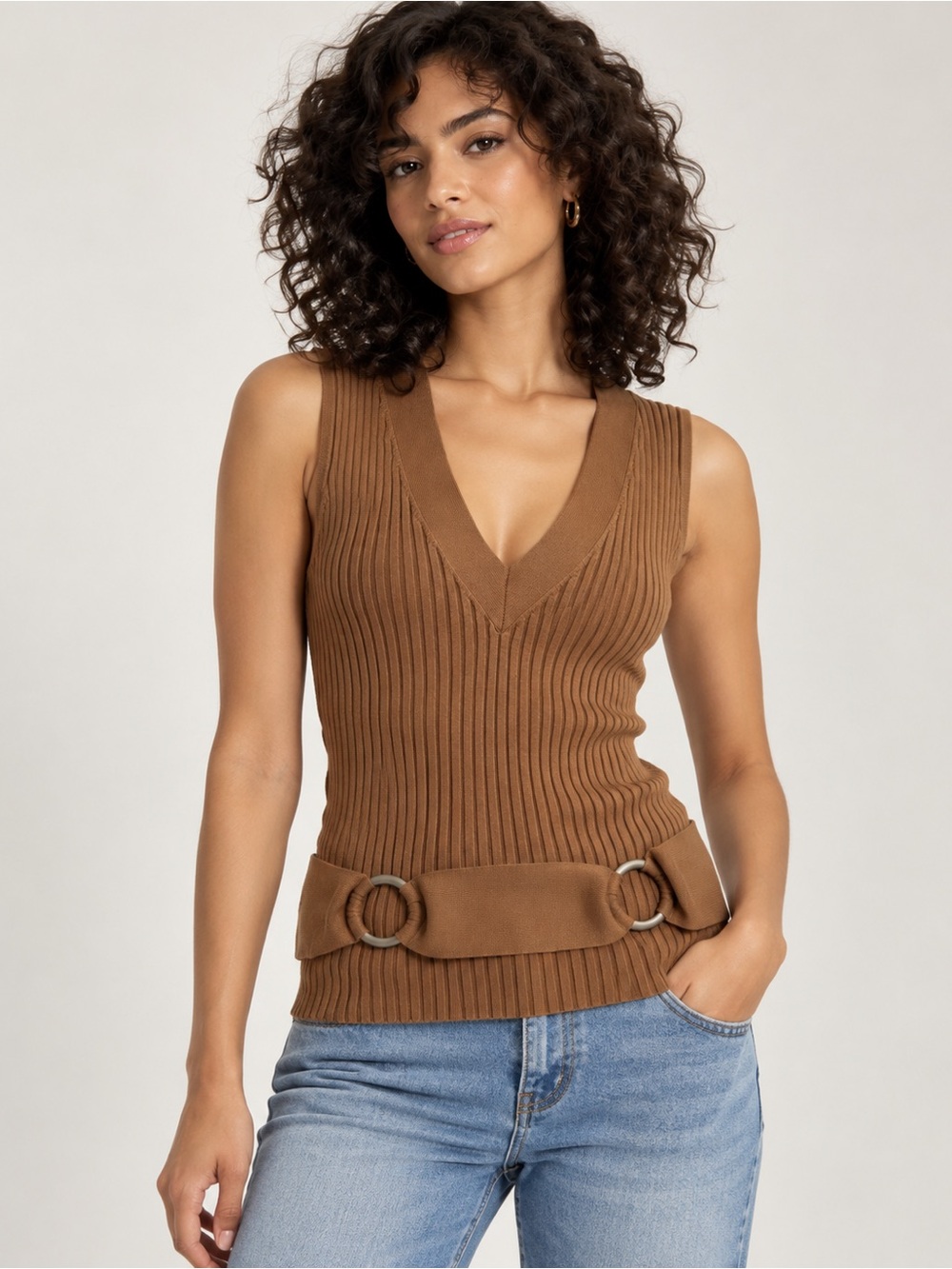 Tracy M Silk Blend Ribbed Belted Sleeveless Top Brown M Y2K